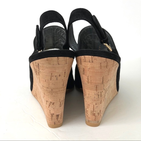Stuart Weitzman Liner Black Suede Open Toe Sling Back Cork Wedge Sandals - Picture 6 of 8